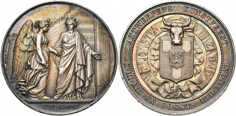 BELGIQUE, AR médaille, 1861, L. Wiener. Fêtes artistiques à Anvers. D/ La ville ...