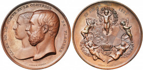 BELGIQUE, AE médaille, 1867, L. Wiener. Mariage du comte et de la comtesse de Flandre. D/ B. accolés à g. R/ Armoiries portées et couronnées par cinq ...