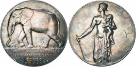 CONGO BELGE, AR médaille, 1934, Bonnetain. 25e anniversaire de la Banque du Congo belge. D/ Eléphant marchant à g. R/ Congolaise à g., allaitant son e...