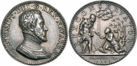 FRANCE, AR médaille, 1559, E. Delaune (?). Antoine de Bourbon, roi de Navarre. D/ B. cuirassé à d. R/ REX CONSERVATOR Le roi deb. à d., relevant un pa...