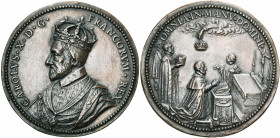FRANCE, AE médaille, s.d. (1589), Ph. Regnault. Charles X, cardinal de Bourbon, proclamé roi de France. D/ B. couronné à g., vêtu du manteau royal. R/...