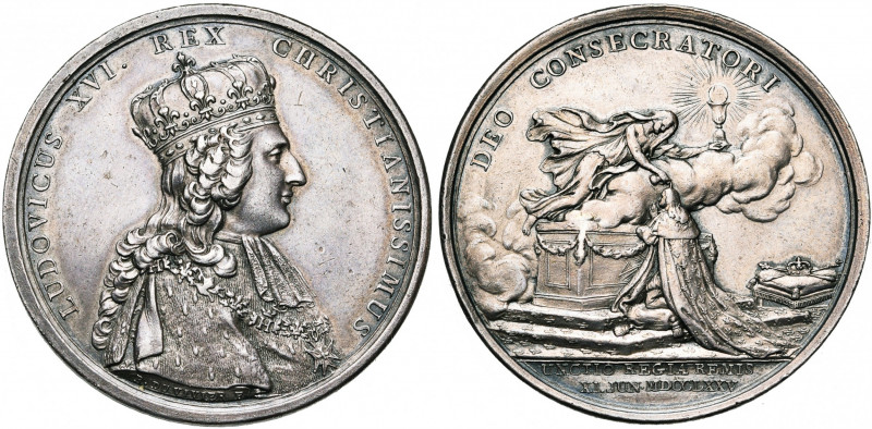 FRANCE, AR médaille, 1775, Duvivier. Sacre de Louis XVI à Reims. D/ B. couronné ...