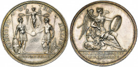 GRANDE-BRETAGNE, AR médaille, 1759, Pingo. Victoire remportée sur l''armée française à la bataille de Minden. D/ Un soldat britannique et un soldat al...