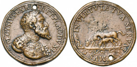 ITALIE, AE médaille, s.d. Pier Luigi Farnèse, duc de Parme et de Plaisance (1545-1547). D/ B. cuirassé à d. R/ Une licorne plongeant sa corne dans une...