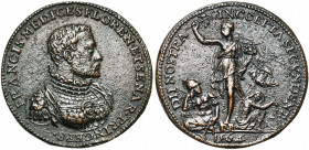 ITALIE, AE médaille, 1564, Domenico Poggini. Francesco de Medici. D/ B. cuirassé à d. R/ DII NOSTRA IN COEPTA SECVNDENT Une femme deb. à g., ten. une ...