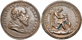 ITALIE, AE médaille, s.d., Poggini. Hippolyte II d''Este, cardinal de Ferrare (1509-1572). D/ B. à d., vêtu d''un camail. R/ MVNITA GVTTVR CANES CONTE...