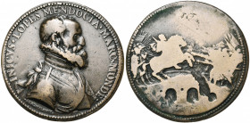 ITALIE, AE médaille, 1577, Melone. Inigo Lopez Mendoza, marquis de Mondejar, vice-roi de Naples. D/ B. cuirassé à d. R/ Mendoza à cheval à d., défenda...