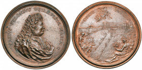 ITALIE, AE médaille, 1702, Fortini. Fabio Feroni, marquis de Bellavista. D/ B. à d. R/ OPERE PVLCRIOR Vue du palais et des jardins de Bellavista. Vann...