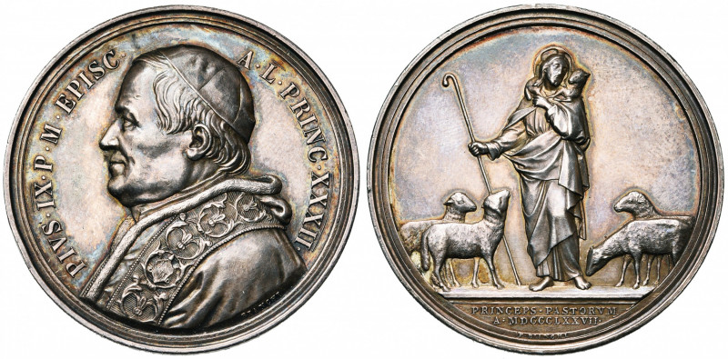 ITALIE, ETATS PONTIFICAUX, AR médaille, 1877, Bianchi. Pie IX - 50e anniversaire...