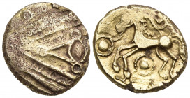 CELTIC, Northeast Gaul. Remi. Late 2nd to mid 1st century BC. Stater (Gold, 17 mm, 6.12 g, 3 h), 'à l'oeil' type. Celticized male head to right; in fi...