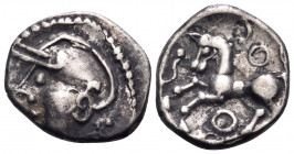 CELTIC, Central Gaul. Aedui. Circa 80-50 BC. Quinarius (Silver, 14 mm, 1.91 g, 9 h). Helmeted head of Roma to left within singl border of dots. Rev. C...