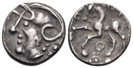 CELTIC, Central Gaul. Aedui. Circa 80-50 BC. Quinarius (Silver, 14.5 mm, 1.93 g, 11 h). Helmeted head of Roma to left; behind, pellet-in-annulet (?). ...