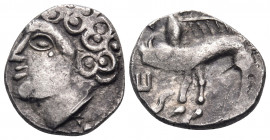 CELTIC, Central Gaul. Sequani. Circa 100-50 BC. Quinarius (Silver, 14.5 mm, 1.93 g, 9 h). Male head with curly hair to left. Rev. SEQVANOIOTVOS Boar s...