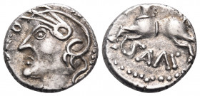 CELTIC, Central Gaul. Sequani. 1st century BC. Quinarius (Silver, 12 mm, 1.98 g, 3 h). Q DOCI Helmeted head of Roma to left. Rev. Q DOCI / SAM F Horse...