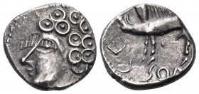 CELTIC, Central Gaul. Sequani. Circa 100-50 BC. Quinarius (Silver, 13 mm, 1.95 g, 11 h). Male head with curly hair to left. Rev. SEQVANOIOTVOS Boar st...