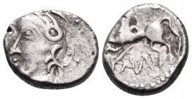 CELTIC, Central Gaul. Sequani. 1st century BC. Quinarius (Silver, 11.5 mm, 1.90 g, 2 h). Q DOCI Helmeted head of Roma to left . Rev. Q DOCI / SAM F Ho...