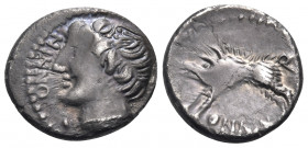 CELTIC, Switzerland. Rauraci. Circa 50-30 BC. Quinarius (Silver, 13 mm, 1.33 g, 5 h). NINNO ( retrograde ) Draped youthful male bust to left, with a w...