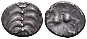 CELTIC, Central Europe. Vindelici. 1st century BC. Quinarius (Silver, 13.5 mm, 1.43 g), 'Büschelquinar' type. Head devolved into a palmette made from ...
