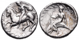 CALABRIA. Tarentum. Circa 355-340 BC. Nomos (Silver, 20 mm, 7.73 g, 9 h). Nude warrior on horseback left in the apobates posture, holding a shield wit...