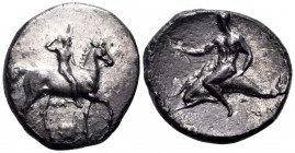 CALABRIA. Tarentum. Circa 302 BC. Nomos (Silver, 22.5 mm, 7.33 g, 8 h), struck under the magistrates Sa... and Kon... ΣΑ Youthful nude jockey riding h...