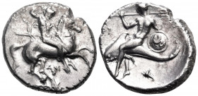 CALABRIA. Tarentum. Circa 302-290 BC. Nomos (Silver, 22 mm, 7.54 g, 9 h), struck under the magistrates Dai... and Phi... ΔAI Nude, helmeted warrior on...