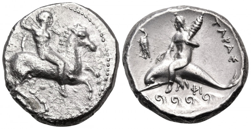 CALABRIA. Tarentum. Circa 302-290 BC. Nomos (Silver, 219 mm, 7.69 g, 9 h), struc...