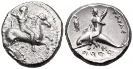 CALABRIA. Tarentum. Circa 302-290 BC. Nomos (Silver, 219 mm, 7.69 g, 9 h), struck under the magistrates Sim... and Phi(lis)... ΣIM Nude rider on horse...