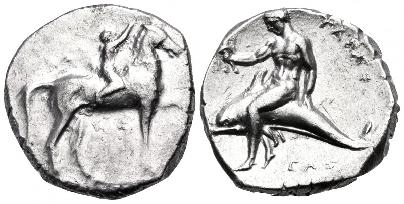 CALABRIA. Tarentum. Circa 302-280 BC. Nomos (Silver, 19.5 mm, 7.85 g, 3 h), stru...