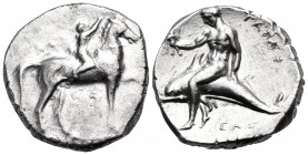 CALABRIA. Tarentum. Circa 302-280 BC. Nomos (Silver, 19.5 mm, 7.85 g, 3 h), struck under the magistrates Sa.., Arethon and Sas... ΣA / ΑΡΕ/ΘΩΝ Nude yo...