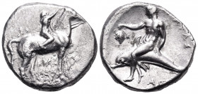 CALABRIA. Tarentum. Circa 302-280 BC. Nomos (Silver, 20.5 mm, 7.87 g, 11 h), struck under the magistrate Philiarchos. ΦIΛI-APXOΣ Youthful nude jockey ...
