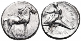 CALABRIA. Tarentum. Circa 302-280 BC. Nomos (Silver, 20.5 mm, 7.82 g, 10 h), struck under the magistrate Philiarchos. ΦIΛI-APXOΣ Youthful nude jockey ...