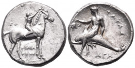CALABRIA. Tarentum. Circa 302-280 BC. Nomos (Silver, 20.5 mm, 7.83 g, 10 h), struck under the magistrates Philiarchos, Sa... and Aga... ΦIΛI-APXOΣ You...