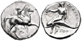 CALABRIA. Tarentum. Circa 302-280 BC. Nomos (Silver, 20 mm, 7.71 g, 5 h), struck under the magistrates Ago.., Kratinos and Xor... KPAT/INOΣ Nude jocke...