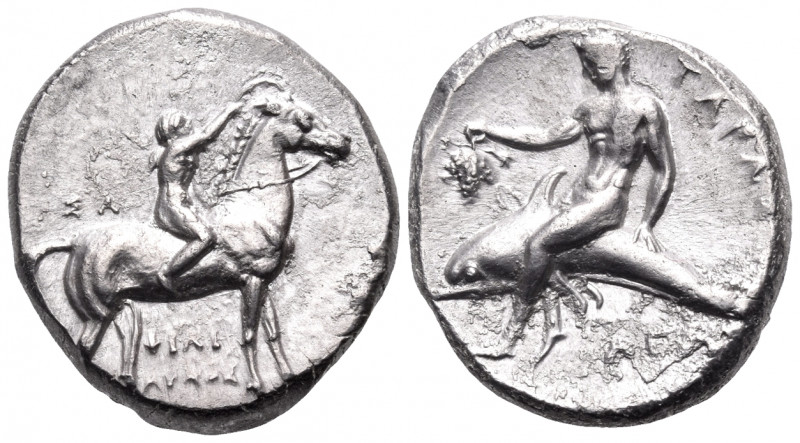 CALABRIA. Tarentum. Circa 302-280 BC. Nomos (Silver, 20 mm, 7.84 g, 7 h), struck...