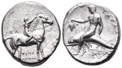 CALABRIA. Tarentum. Circa 302-280 BC. Nomos (Silver, 20 mm, 7.84 g, 7 h), struck under the magistrate Philiarchos. ΦIΛI-APXOΣ Youthful nude jockey on ...