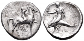 CALABRIA. Tarentum. Circa 302-280 BC. Nomos (Silver, 20.5 mm, 7.60 g, 3 h), struck under the magistrates Sa.., Arethon and Sas... ΣA / ΑΡΕ/ΘΩΝ Nude yo...
