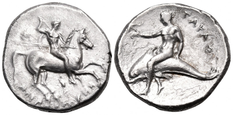 CALABRIA. Tarentum. Circa 302-280 BC. Nomos (Silver, 21 mm, 7.92 g, 11 h), struc...