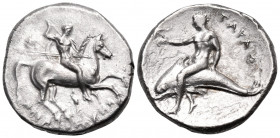 CALABRIA. Tarentum. Circa 302-280 BC. Nomos (Silver, 21 mm, 7.92 g, 11 h), struck under the magistrates Si... and Deinokrates. ΣI / ΔEINOKPATHΣ Nude r...