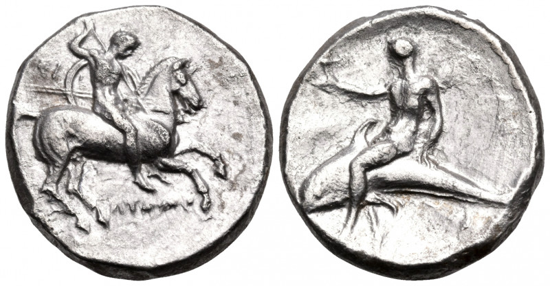 CALABRIA. Tarentum. Circa 302-280 BC. Nomos (Silver, 21.5 mm, 7.86 g, 1 h). ΛYKΩ...