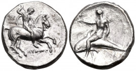 CALABRIA. Tarentum. Circa 302-280 BC. Nomos (Silver, 21.5 mm, 7.86 g, 1 h). ΛYKΩN Nude rider on horse prancing to right, preparing to throw spear and ...
