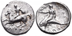 CALABRIA. Tarentum. Circa 280-272 BC. Nomos (Silver, 21 mm, 7.76 g, 3 h), struck under the magistrates Eu... and Philon. ΦIΛΩN Nude warrior on horseba...