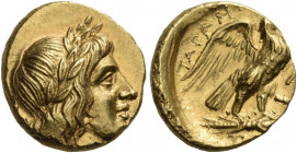 CALABRIA. Tarentum. Circa 276-272 BC. Triobol or quarter stater (Gold, 11.5 mm, 2.13 g, 5 h). Laureate head of Apollo to right; [behind neck, NK]. Rev...