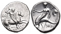CALABRIA. Tarentum. Circa 272-240 BC. Nomos (Silver, 18 mm, 6.53 g, 12 h), struck under the magistrates Aristokles and Di... API-ΣTO/KΛ-HΣ Warrior hol...