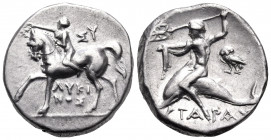 CALABRIA. Tarentum. Circa 272-240 BC. Nomos (Silver, 19.5 mm, 6.47 g, 12 h), struck under the magistrates Lykinos and Sy... Nude youth on horse advanc...