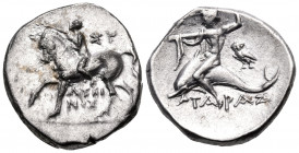 CALABRIA. Tarentum. Circa 272-240 BC. Nomos (Silver, 20 mm, 6.52 g, 9 h), struck under the magistrates Lykinos and Sy... Horseman advancing to left, c...