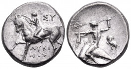CALABRIA. Tarentum. Circa 272-240 BC. Nomos (Silver, 18.5 mm, 6.49 g, 5 h), struck under the magistrates Lykinos and Sy... Horseman advancing to left,...