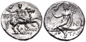 CALABRIA. Tarentum. Circa 240-228 BC. Nomos (Silver, 19 mm, 6.56 g, 11 h), struck under the magistrates Kallikrates, Epikr... and Ne.... Bareheaded, b...