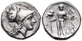 LUCANIA. Herakleia. Circa 281-278 BC. Nomos (Silver, 20 mm, 7.76 g, 9 h), time of Pyrrhos, struck under the magistrate Aris... ˫ΗΡΑΚΛΗΙΩΝ Head of Athe...