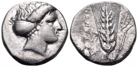 LUCANIA. Metapontum. Circa 400-340 BC. Nomos (Silver, 20.5 mm, 7.73 g, 1 h). Head of Demeter to right, her hair bound in sphendone. Rev. METAΠΟΝ Ear o...