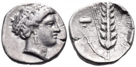 LUCANIA. Metapontum. Circa 400-340 BC. Nomos (Silver, 20 mm, 7.71 g, 7 h). Head of Demeter to right. Rev. META Ear of barley with leaf to left; above ...